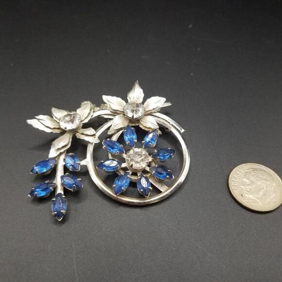 Vintage Blue Clear Glass Rhinestone Floral Brooch & Pendant, Riveted, 2 Inches - Picture 8 of 10